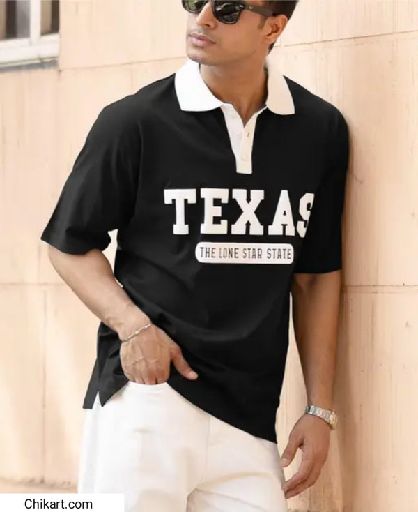 Men Bold Printed Polo Neck T-Shirt Black